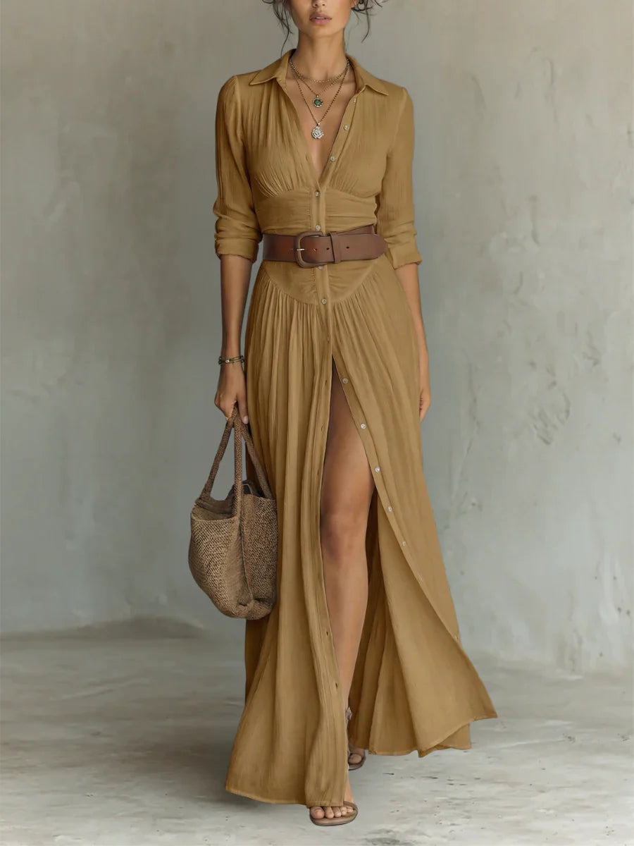 Gisela | Vestido Maxi de Linho com Gola e Manga Comprida