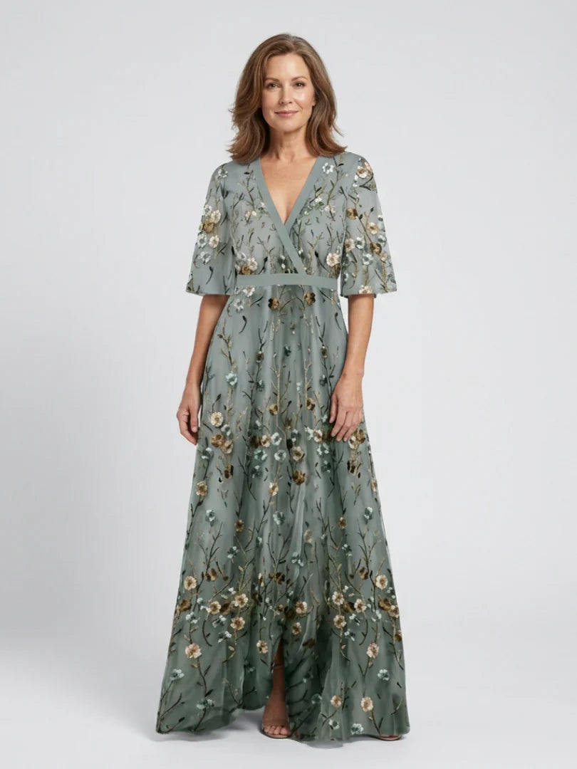Evadne | Vestido maxi floral com decote em V e mangas curtas