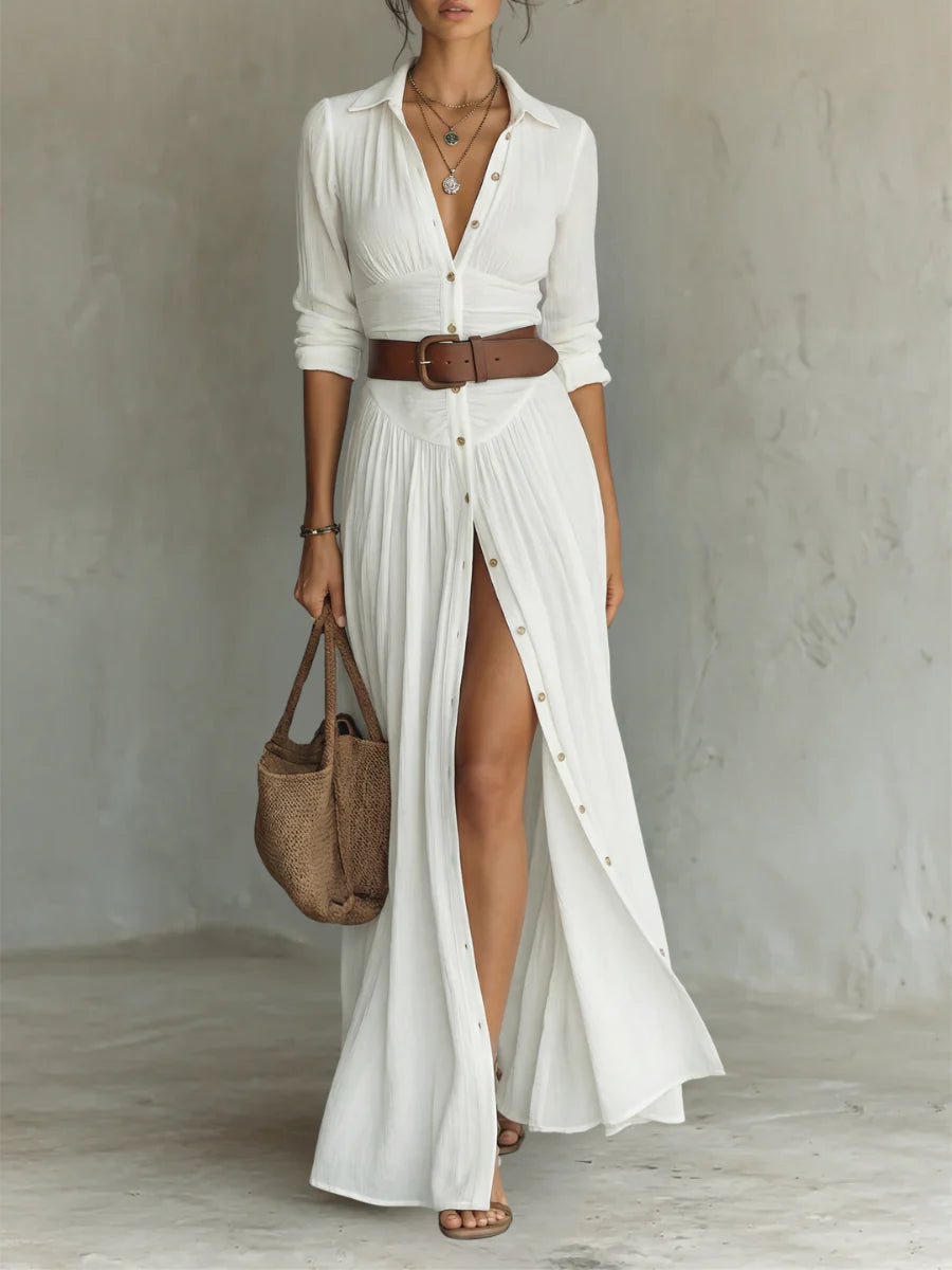 Gisela | Vestido Maxi de Linho com Gola e Manga Comprida