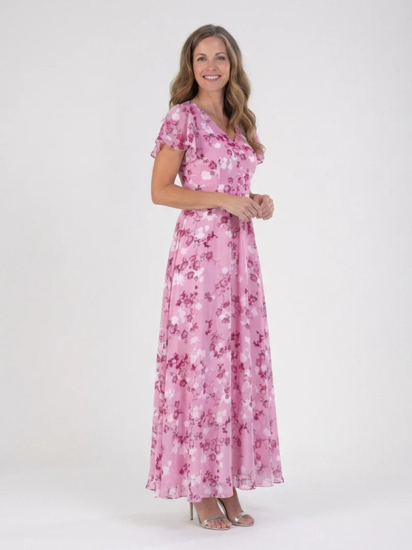 Ismeria | Vestido maxi em chiffon com estampa floral